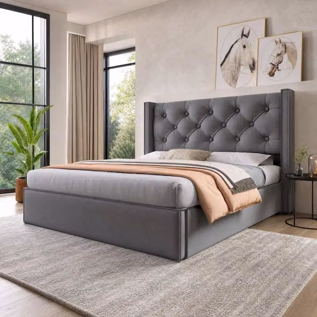 Letto matrimoniale imbottito con contenitore 140x200 cm in cotone; grigio