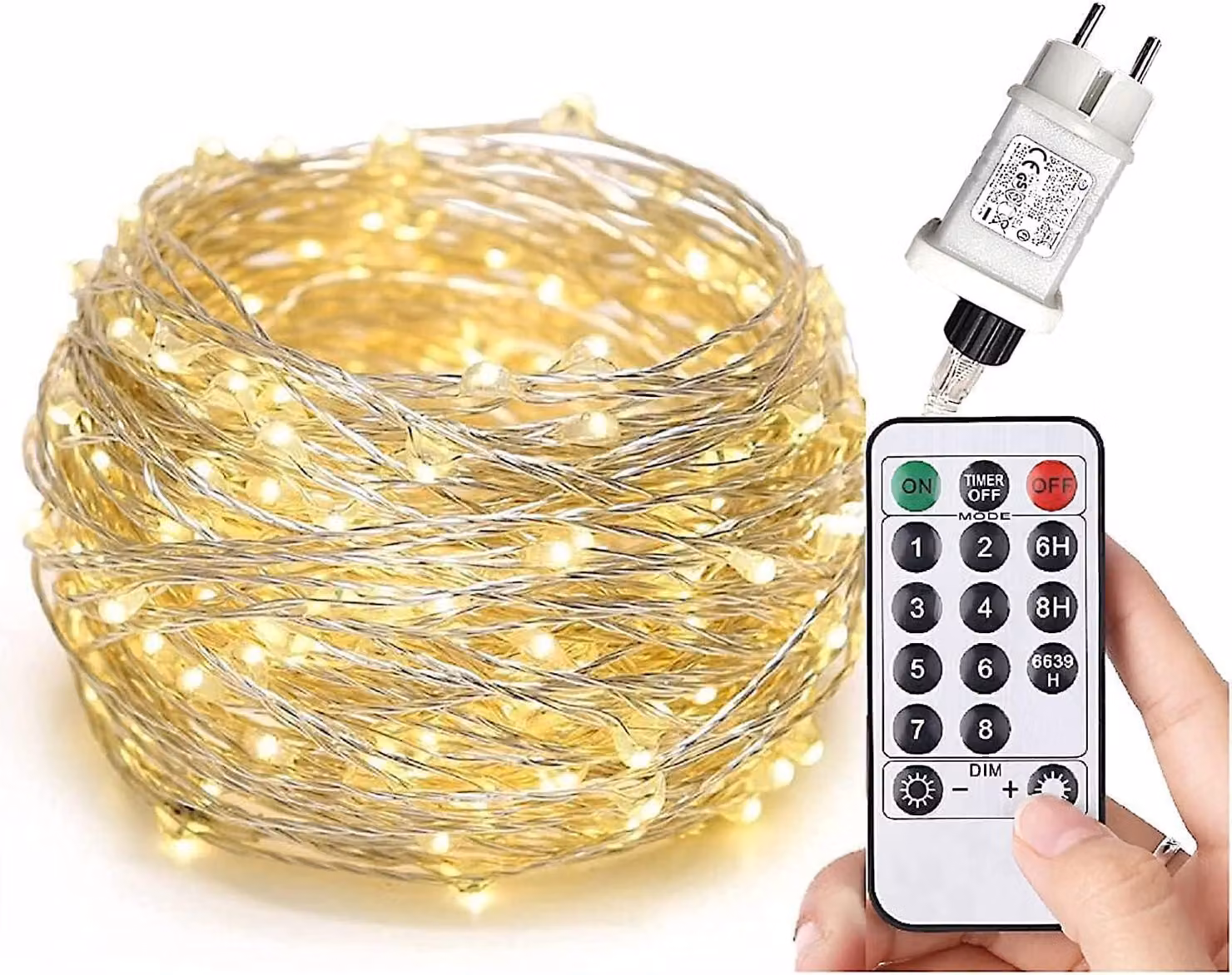 Catena luminosa a LED, 300 luci bianco caldo, 8 modalità, dimmerabile, grado di protezione IP44, lunghezza 10 metri