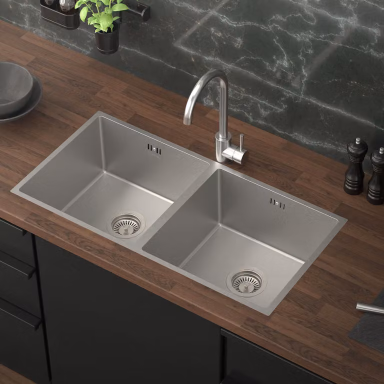 Lavello a due vasche in acciaio inossidabile, dimensioni 81,5x40 cm, da incasso, completo di sistema di scarico