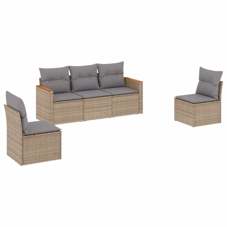 Set Divano da Giardino 5 pz con Cuscini Beige Misto Polyrattan
