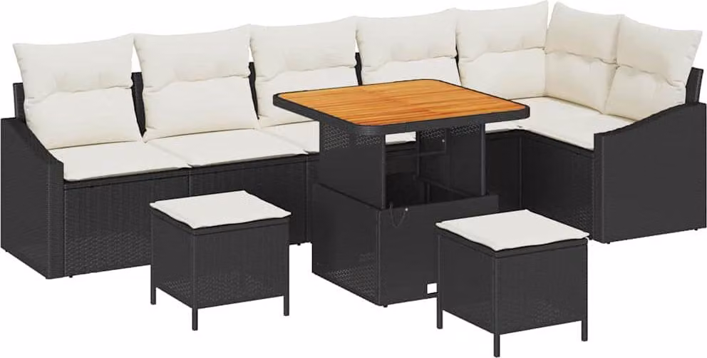Set Divano da Giardino con cuscino 9 pcs Nero polyrattan