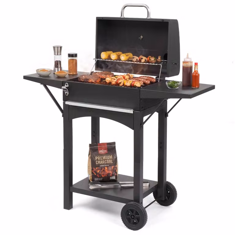 Griglia per barbecue a carbone LEADZM, con carrello, ripiani laterali, coperchio, ruote e termometro, dimensioni 110x45x102 cm