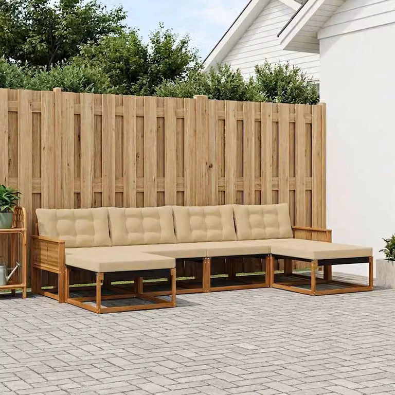 Set di divani da esterno vidaXL 6 pz in legno di acacia e textilene, colore marrone e beige, con pouf e cuscini inclusi, design moderno a forma di L