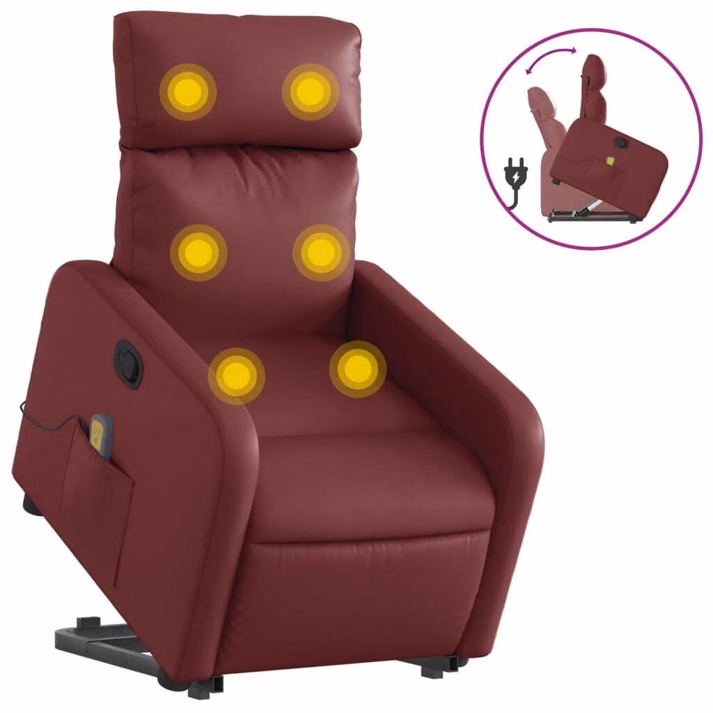 Poltrona Alzapersone Massaggi Reclinabile Rosso Vino Pelle finta