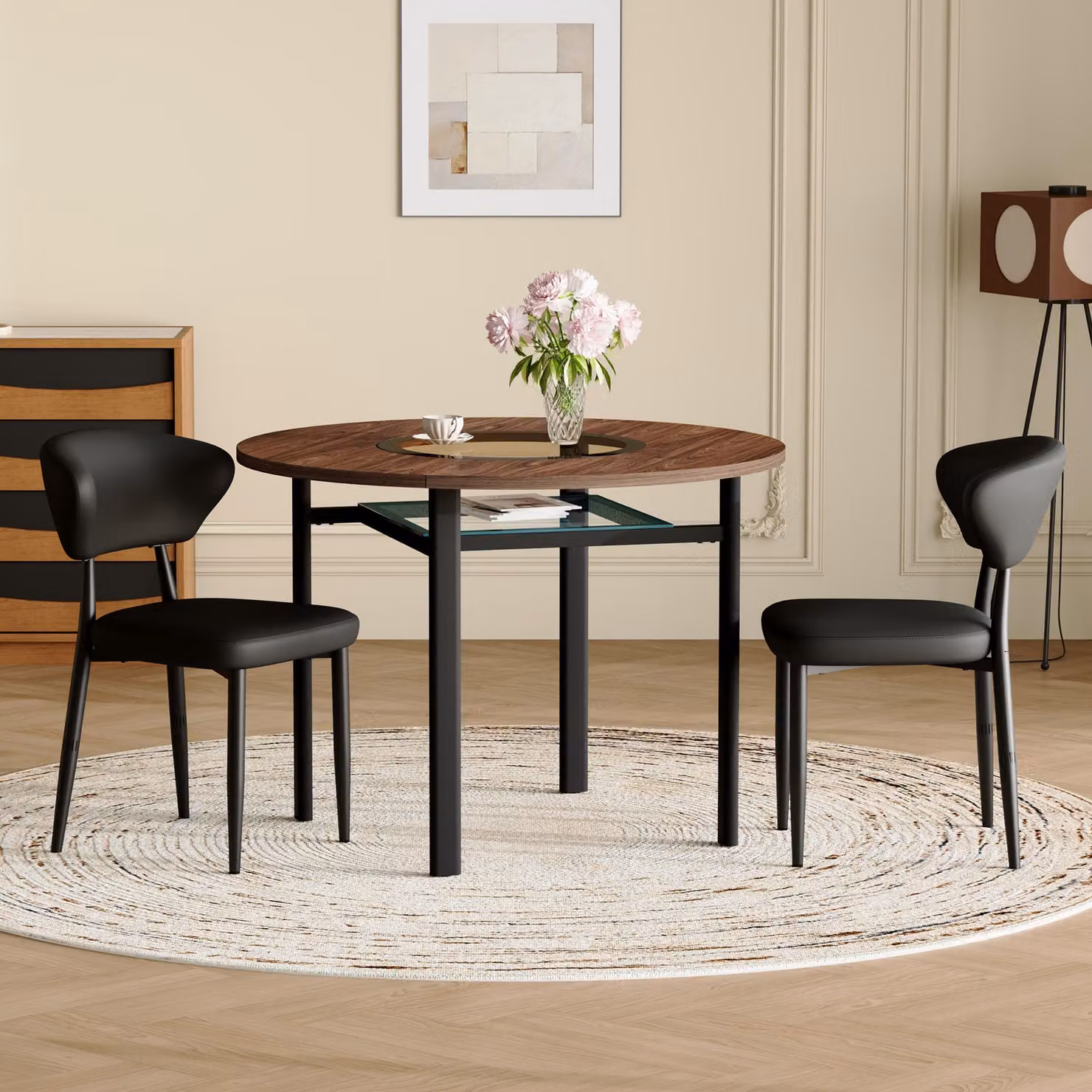 STILVORA Set da tavolo rotondo composto da 2 poltrone nere inPoliuretanocon schienale ricurvo, sedie da pranzo con diametro di 100 cm effetto legno, tavolo da pranzo rotondo per sala da pranzo e cucina