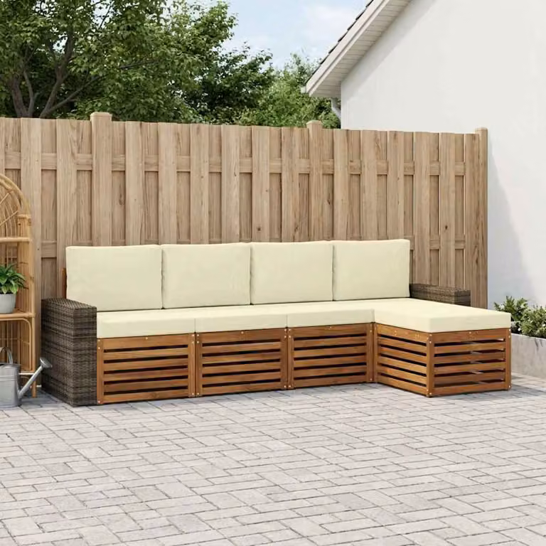 Set di divani da esterno vidaXL a forma di L composto da 5 pezzi in legno di acacia con cuscini inclusi, colore beige e marrone