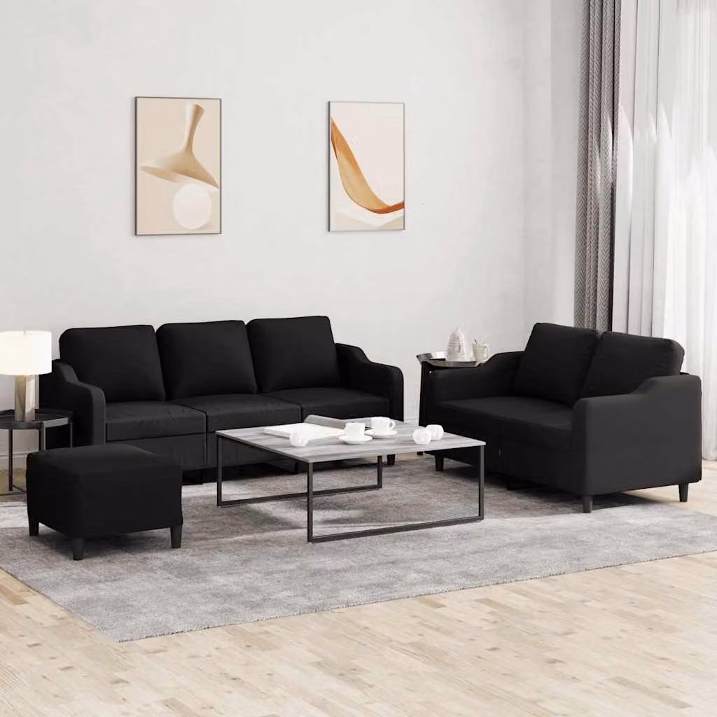 Set di divani vidaXL composto da un divano a 3 posti, un divano a 2 posti e un pouf, in tessuto nero con cuscini, design moderno per soggiorno – 1
