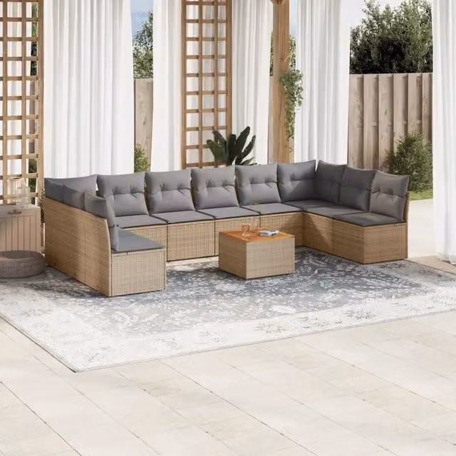 Set Divano da Giardino a L vidaXL 11 pz in Polyrattan con Cuscini Beige e Grigio e Tavolino da Esterno