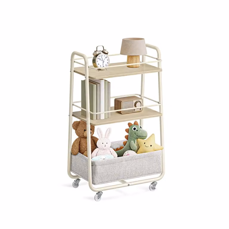 Carrello portaoggetti con cesto in tessuto e ruote, Beige Naturale + Bianco Crema