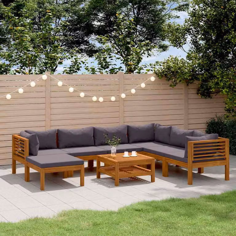 Set di divani da giardino vidaXL in legno di acacia con cuscini grigi, 8 pezzi, design moderno a forma di L con tavolino e pouf