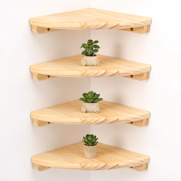 Scaffale angolare in legno massello, 18 cm, composto da 4 elementi, con angoli arrotondati, adatto per soggiorno e cucina