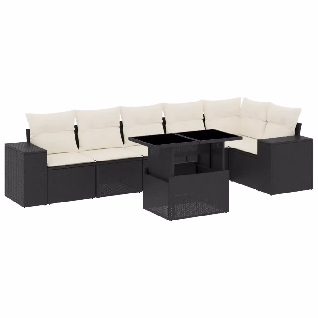 Set di divani da giardino vidaXL a forma di L con 7 pezzi, polyrattan nero e cuscini bianchi con coperture rimovibili – 2