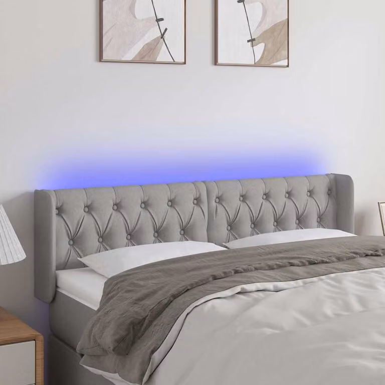 Testiera per letto vidaXL in tessuto grigio con illuminazione LED e porta di ricarica USB, L: 147 cm, P: 16 cm, H: 78-88 cm