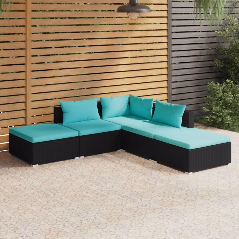 The Living Store Set da giardino 5 pezzi con cuscini in poly rattan nero