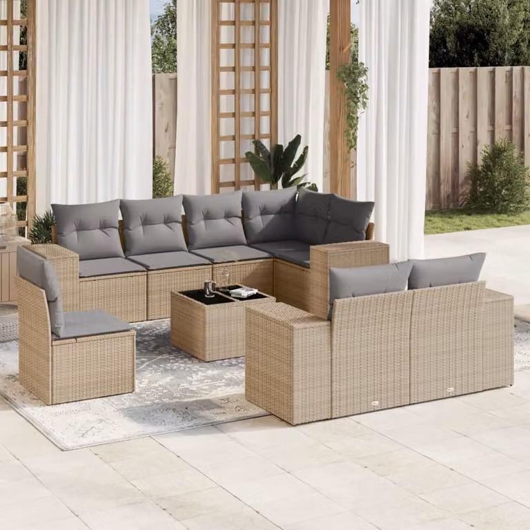 vidaXL Set Divano da Giardino 9 pz a Forma a L con Cuscini Beige e Tavolino, Struttura in Metallo e Polyrattan Resistente ai Raggi UV