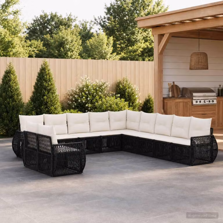 Maison Exclusive - Set da giardino composto da 11 pezzi. Divano da giardino in rattan sintetico, colore nero e crema