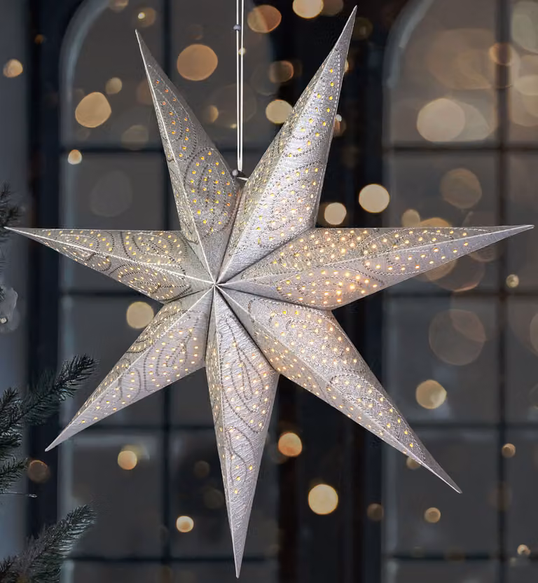 BRUBAKER Stella di Natale di carta da appendere da 60 cm - Stella dell'avvento a LED per decorazioni natalizie e finestre, argento