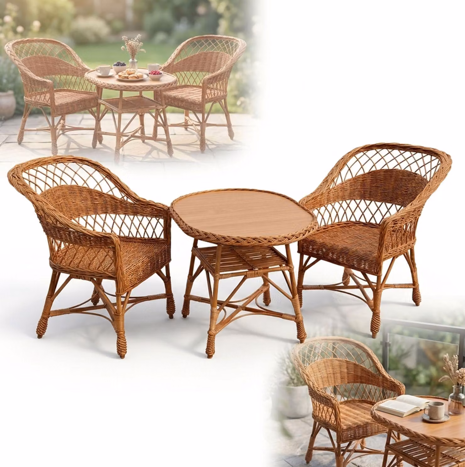 MOBILI IN VIMINI: set composto da 2 poltrone con tavolino ovale in stile boho per giardino e terrazza