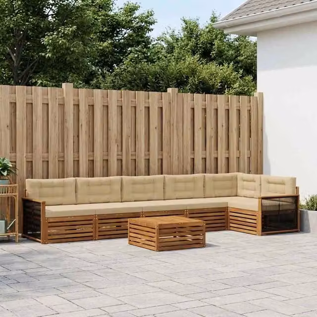 Set di divani da esterno vidaXL a forma di L composto da 7 pezzi con tavolino da caffè, in legno di acacia trattato e tessuto beige