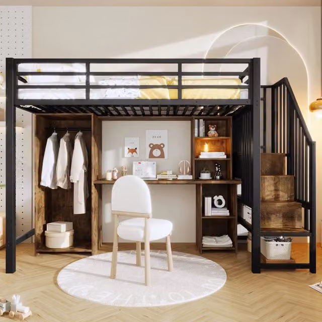 Letto a castello nero in metallo con stoccaggio armadio e scrivania 90x200 cm