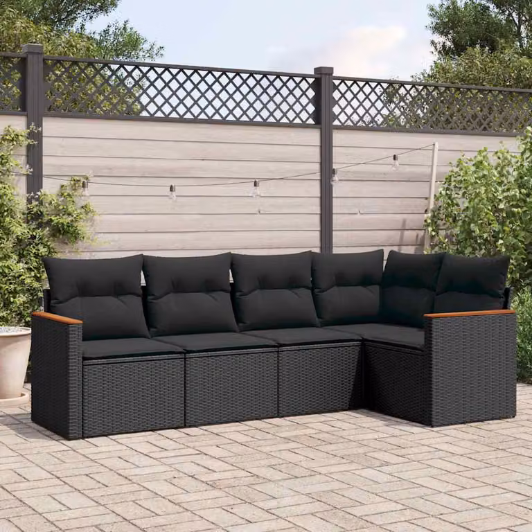 vidaXL Set Divani da Giardino a L 5 pz in Polyrattan Nero con Cuscini e Coperture Rimovibili