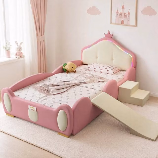 Letto imbottito bambini 90x200 cm rosa e beige in PU con scivolo e LED, senza materasso