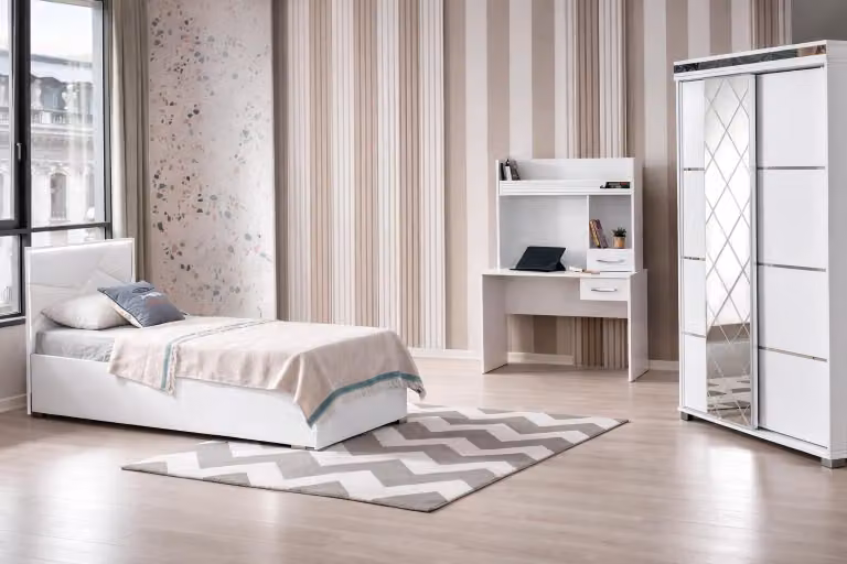 Set moderno per cameretta, composto da letto, armadio e scrivania