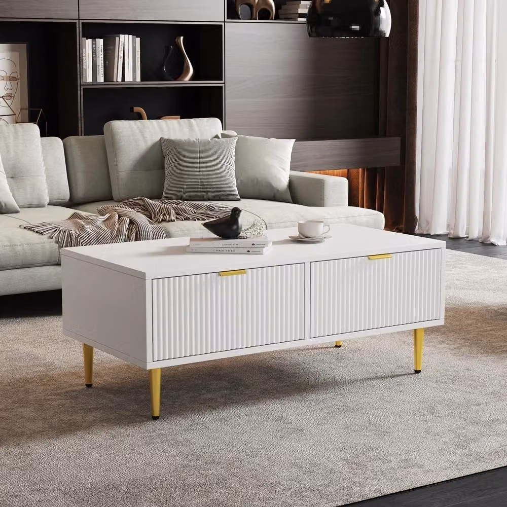 Tavolino da caffè moderno stile minimal bianco con dettagli oro e 2 cassetti L: 100 cm, P: 50 cm, H: 40 cm – 2