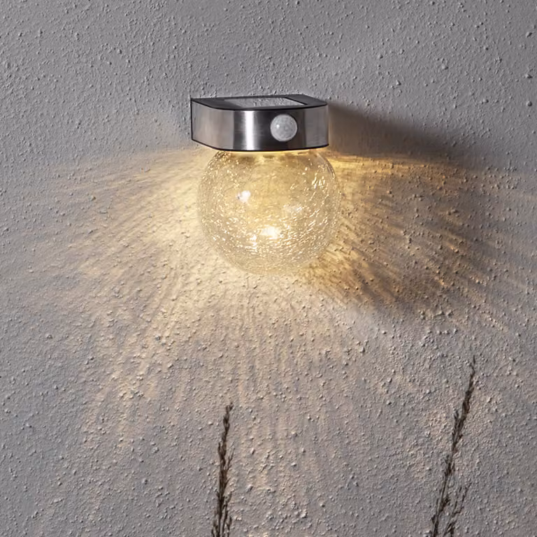 Applique solare a LED - ottica in vetro rotto - 4 LED bianco caldo - H: 14,5 cm - sensore di luce/sensore di movimento