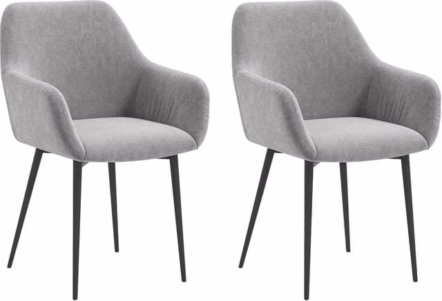 Set di 2 sedie da pranzo in stile scandinavo con braccioli ricurvi, rivestimento in tessuto effetto velluto grigio scuro, L: 54 cm, P: 57 cm, H: 80 cm