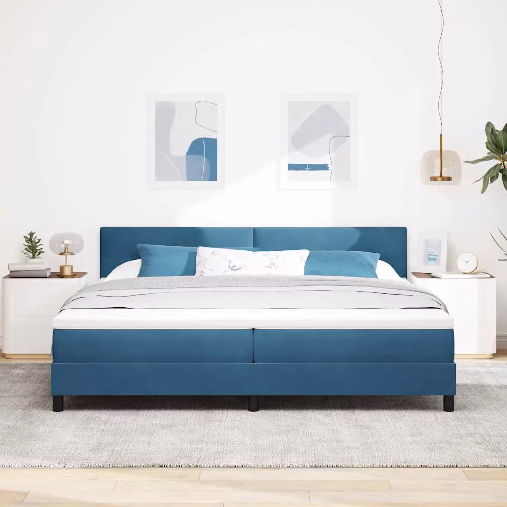 Letto a molle moderno vidaXL con testiera in velluto blu, L/P/H: 200 x 200 x 203 cm