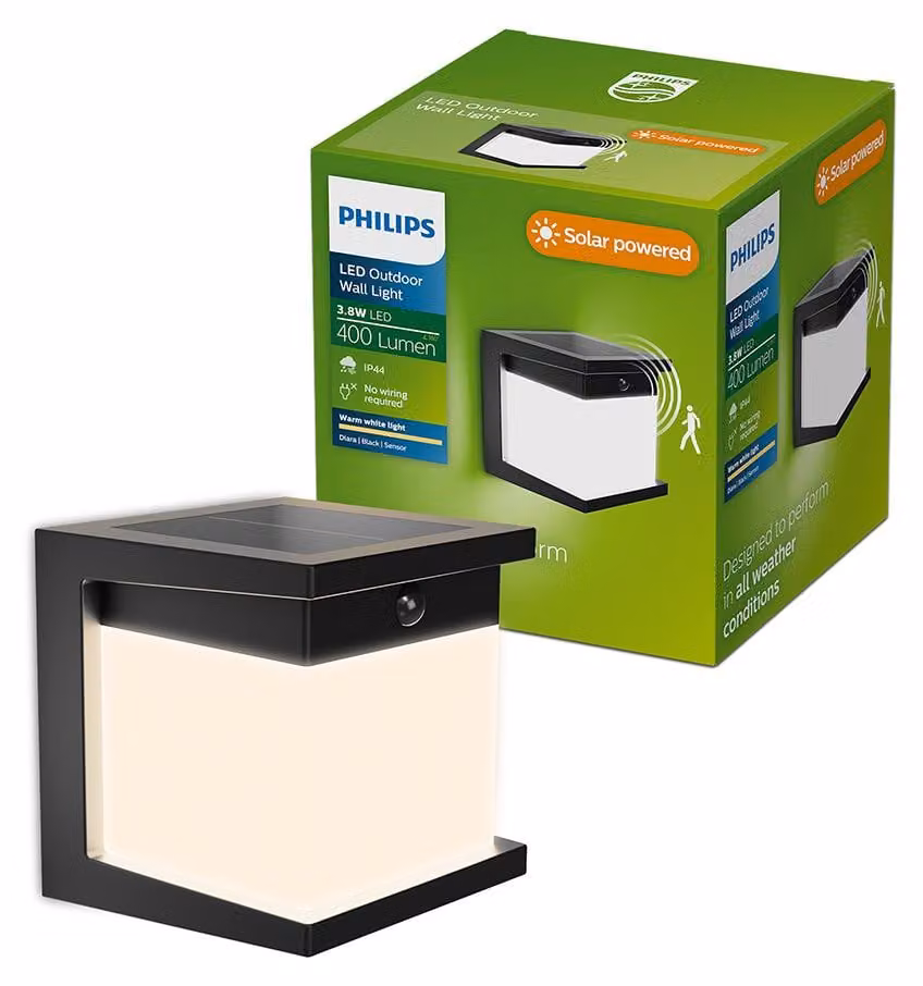 Philips Lampade da parete Diara, 3,8 W, Nero, Plastica, III, Stile contemporaneo, Garage, Giardino, Terrazza, Rilevatore di movimento, Sensore giorno/notte