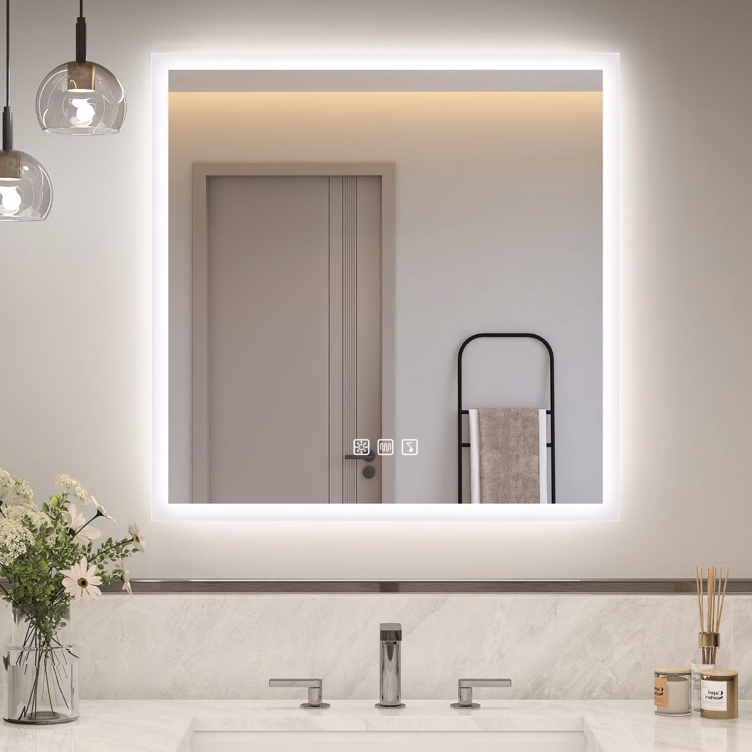 Specchio da bagno a LED, 60x60 cm, con Bluetooth, antiappannamento e dimmerabile