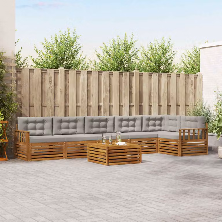 vidaXL Set di divani da esterno a L composto da 7 pezzi in legno di acacia con cuscini grigi