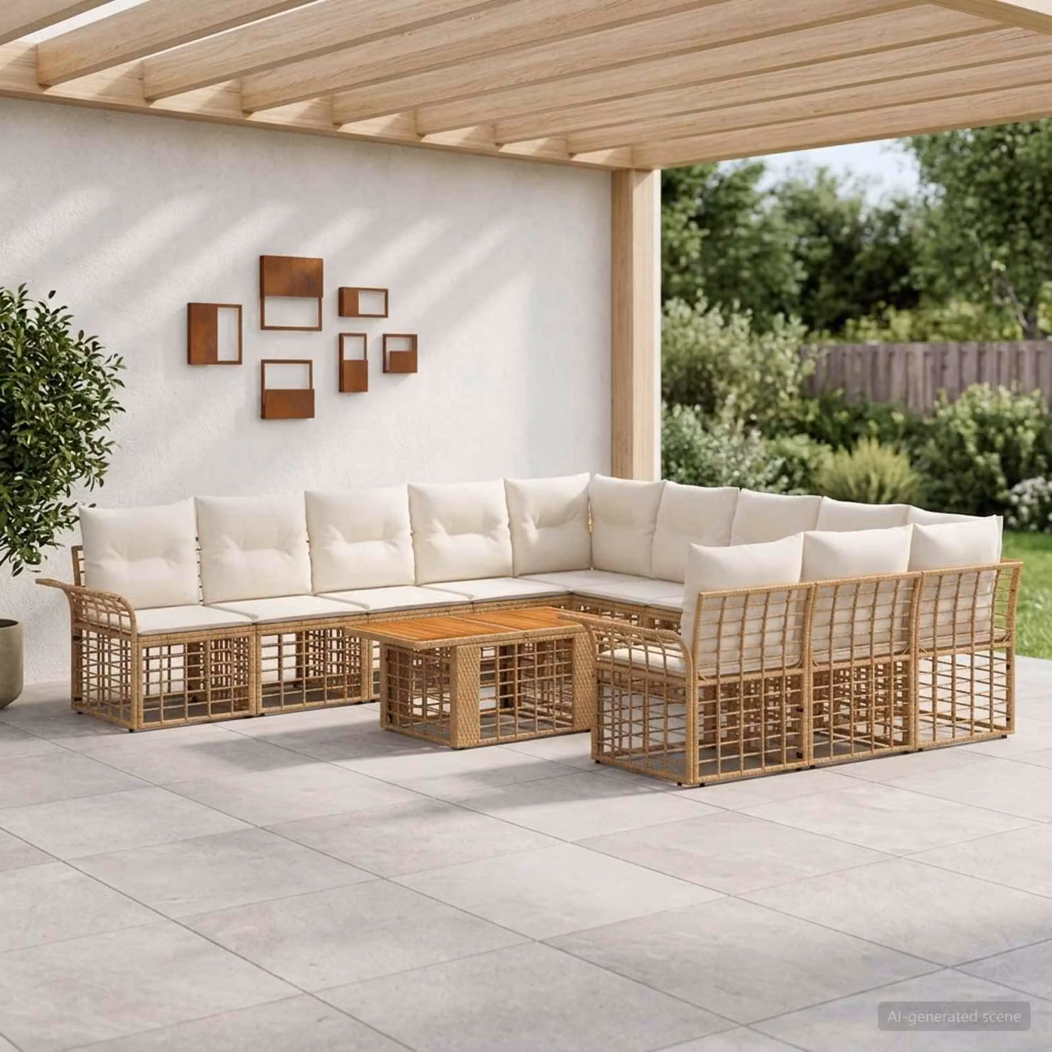 Set Divano da Giardino vidaXL in Polyrattan con Cuscini e Tavolino, Design a U, Colore Naturale e Bianco Crema