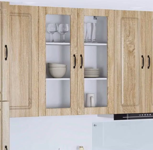 Mobile da cucina moderno vidaXL con ante in vetro e scaffali interni, colore marrone rovere, L 80 x P 31 x H 100 cm