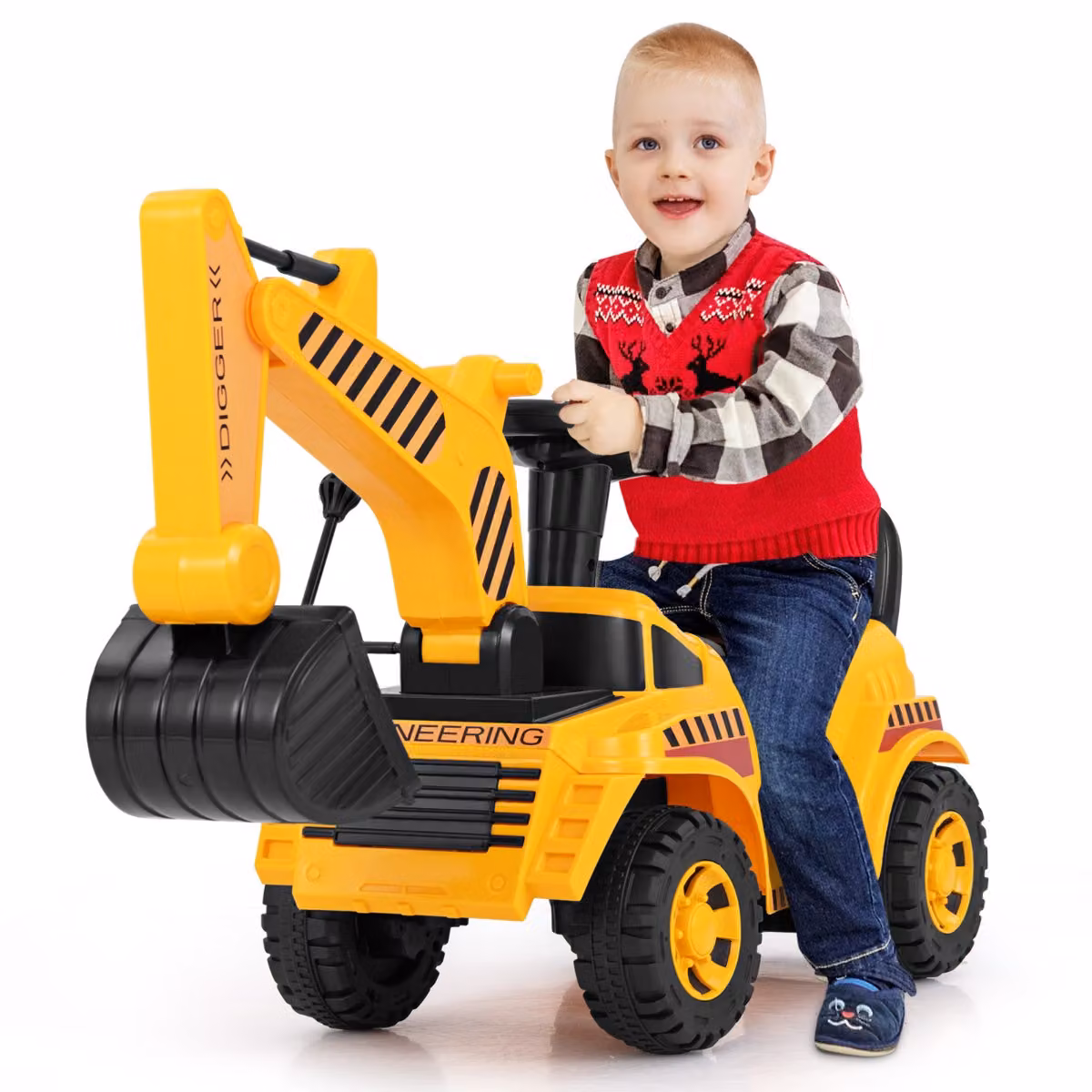 Escavatore a spinta Costway per bambini con paletta regolabile e blocco anti-ribaltamento, giocattolo bulldozer giallo