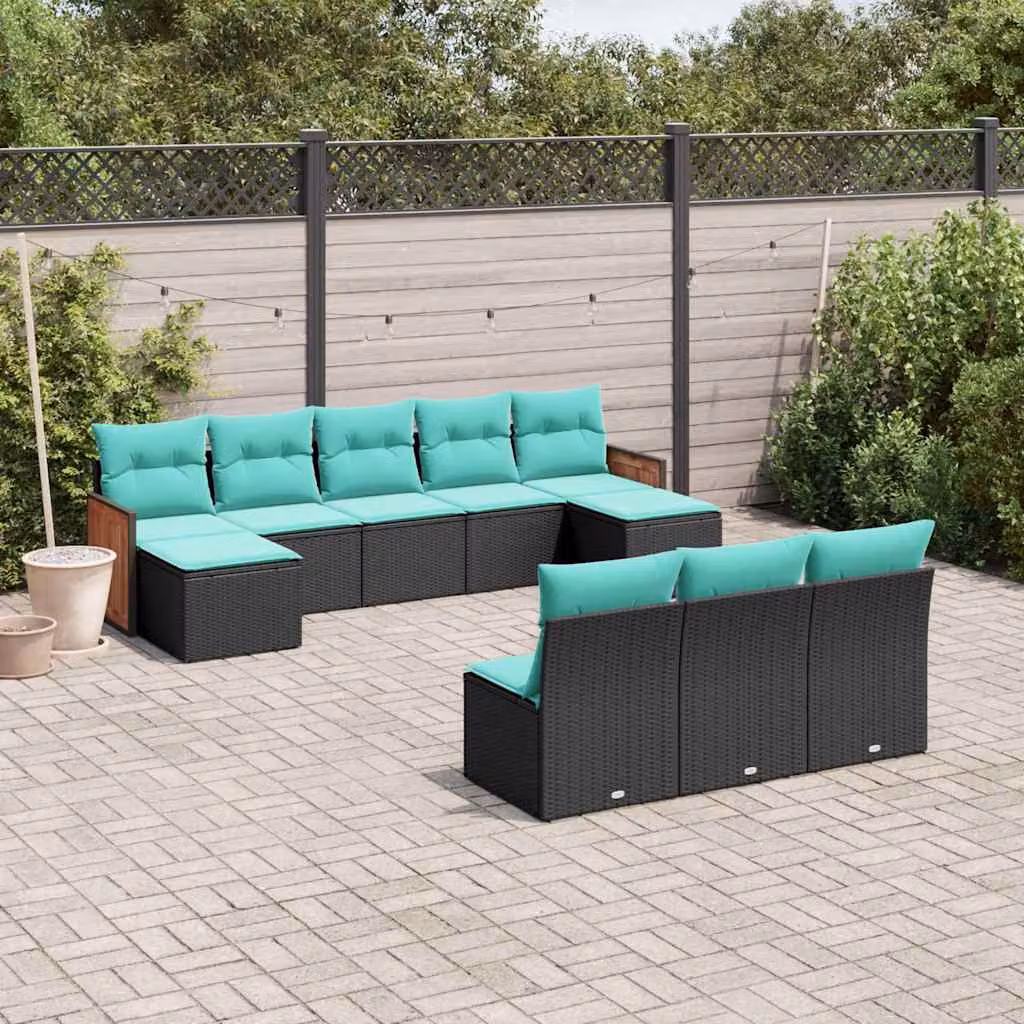 Set di divani da giardino vidaXL in polyrattan nero con cuscini e struttura in legno di acacia oliato per 10 persone