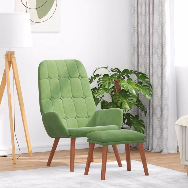 vidaXL Poltrona Relax con Poggiapiedi in Velluto Verde Chiaro con Struttura in Legno e Metallo