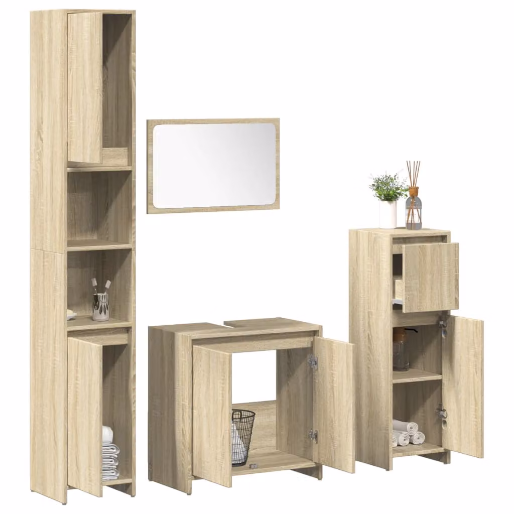 Set di mobili da bagno moderno vidaXL in legno e vetro, colore marrone e beige, composto da mobile lavabo, armadietto con specchio e colonna alta