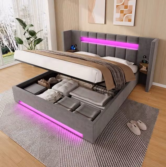 Letto matrimoniale 180x200 cm in velluto grigio scuro con contenitore; USB e LED