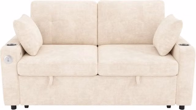 Divano 2 posti con funzione letto, LED, porte USB/Type-C, porta bevande e contenitori braccioli, cuscini inclusi, beige