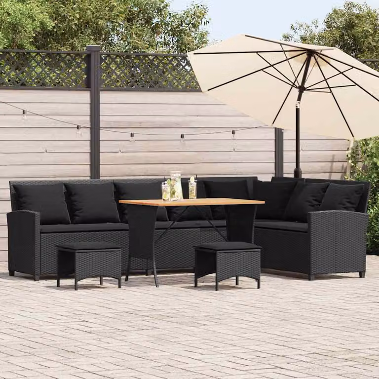 vidaXL Set Divani da Giardino a Forma L in Polyrattan Nero con Cuscini e Tavolino da Esterno