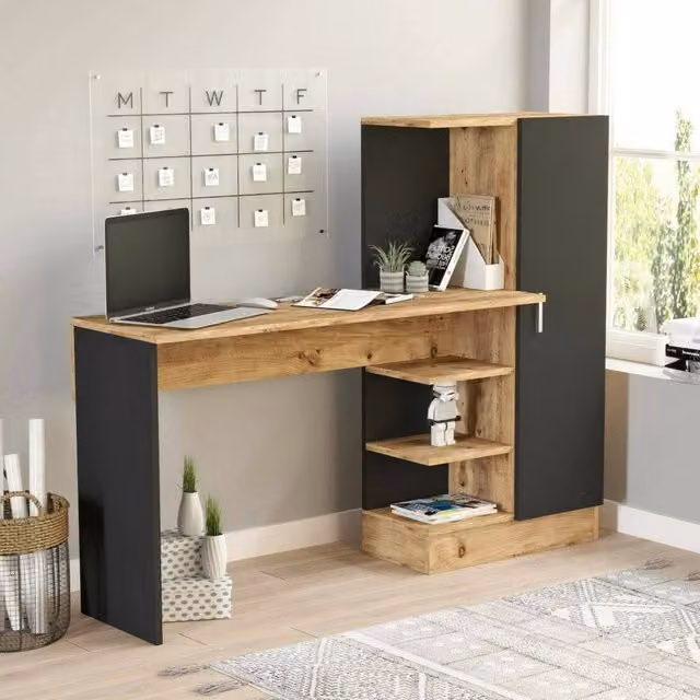 Scrivania DMORA moderna in legno e MDF, tavolo da ufficio e studio, L/P/H: 152 x 40 x 120 cm, Rovere e Nero – 1