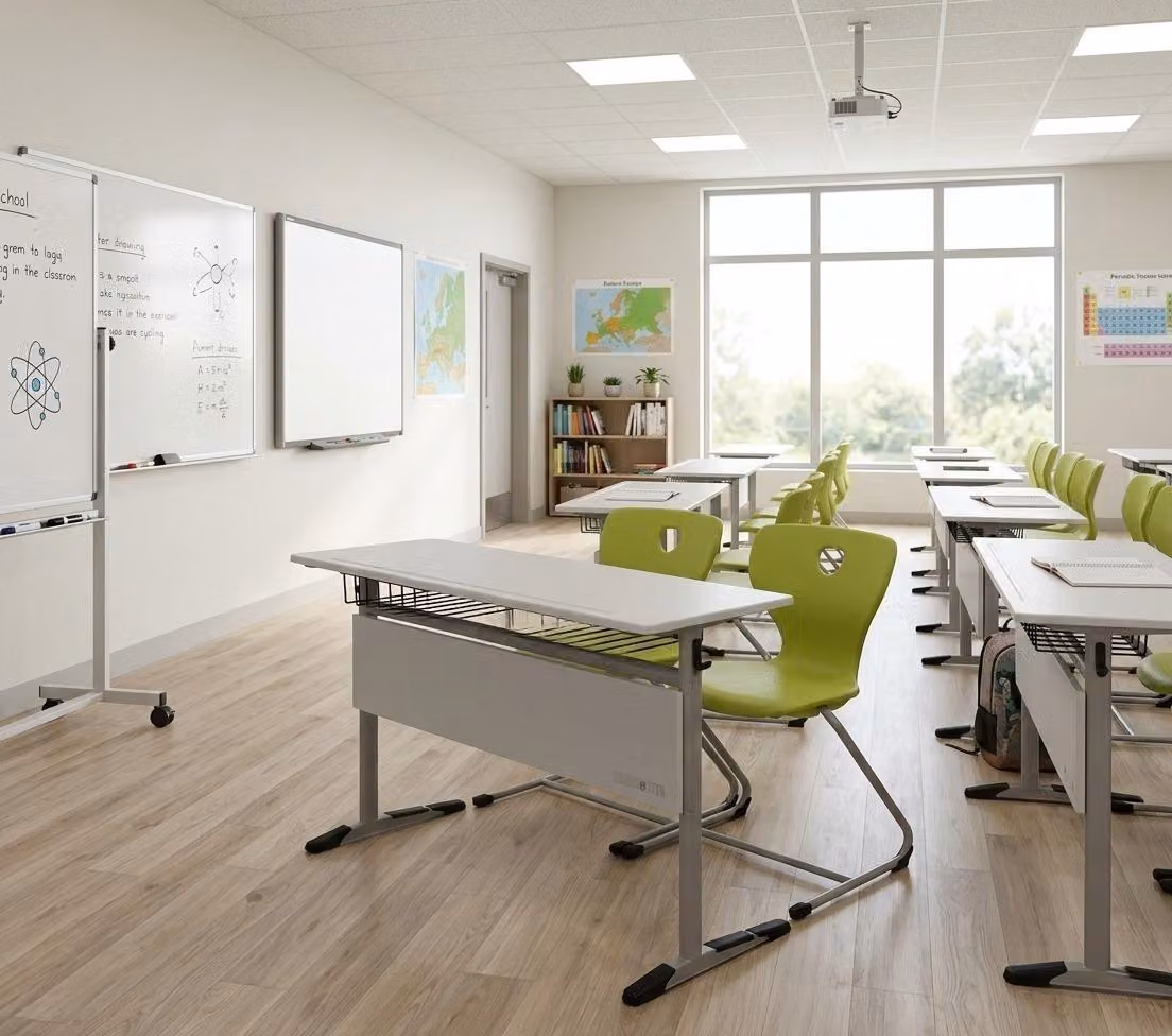 Set scolastico moderno ed ergonomico, grigio: banco scolastico e sedia Grun a due posti