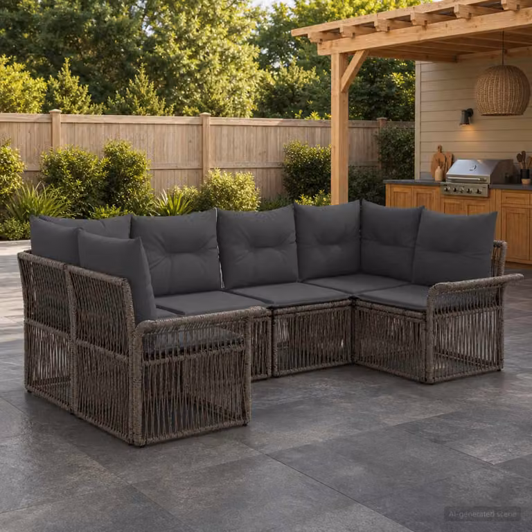 Set Divano da Giardino vidaXL a 6 Posti con Poltrona e Angolare, Design Moderno a L, Colore Grigio con Cuscini in Tessuto e Struttura in Acciaio Verniciato a Polvere