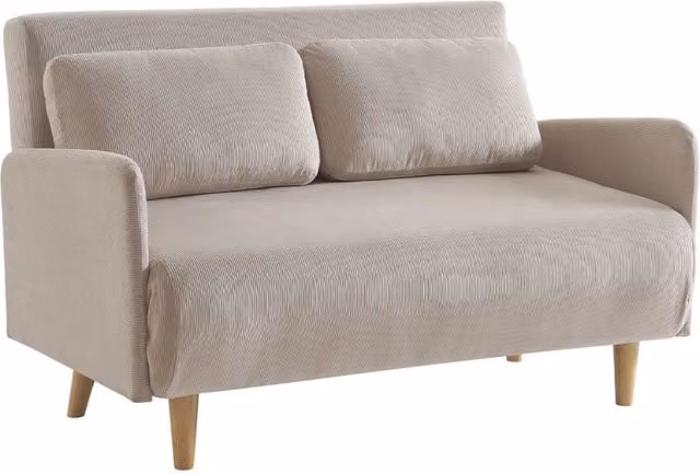 Divano letto in velluto a coste con gambe in legno, 2 posti, beige