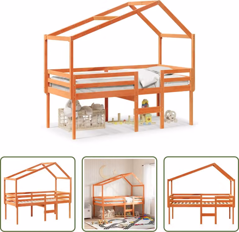 The Living Store Letto a soppalco con tetto a cera marrone 90x190 cm in legno di pino massiccio