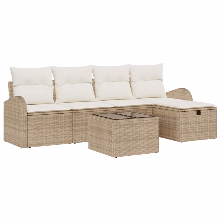 Set di divani da giardino a forma di L vidaXL con pouf e tavolino, colore beige, struttura in metallo e rattan con cuscini inclusi