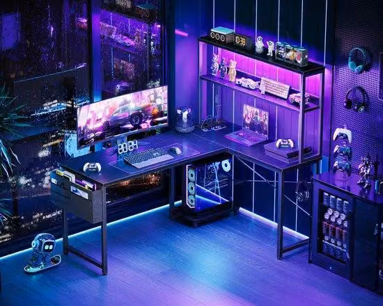 Scrivania a forma di L Benzoa® con illuminazione RGB a LED, prese di corrente e alimentazione USB integrate, vano portaoggetti/monitor regolabile in due posizioni, reversibile per gaming e ufficio domestico